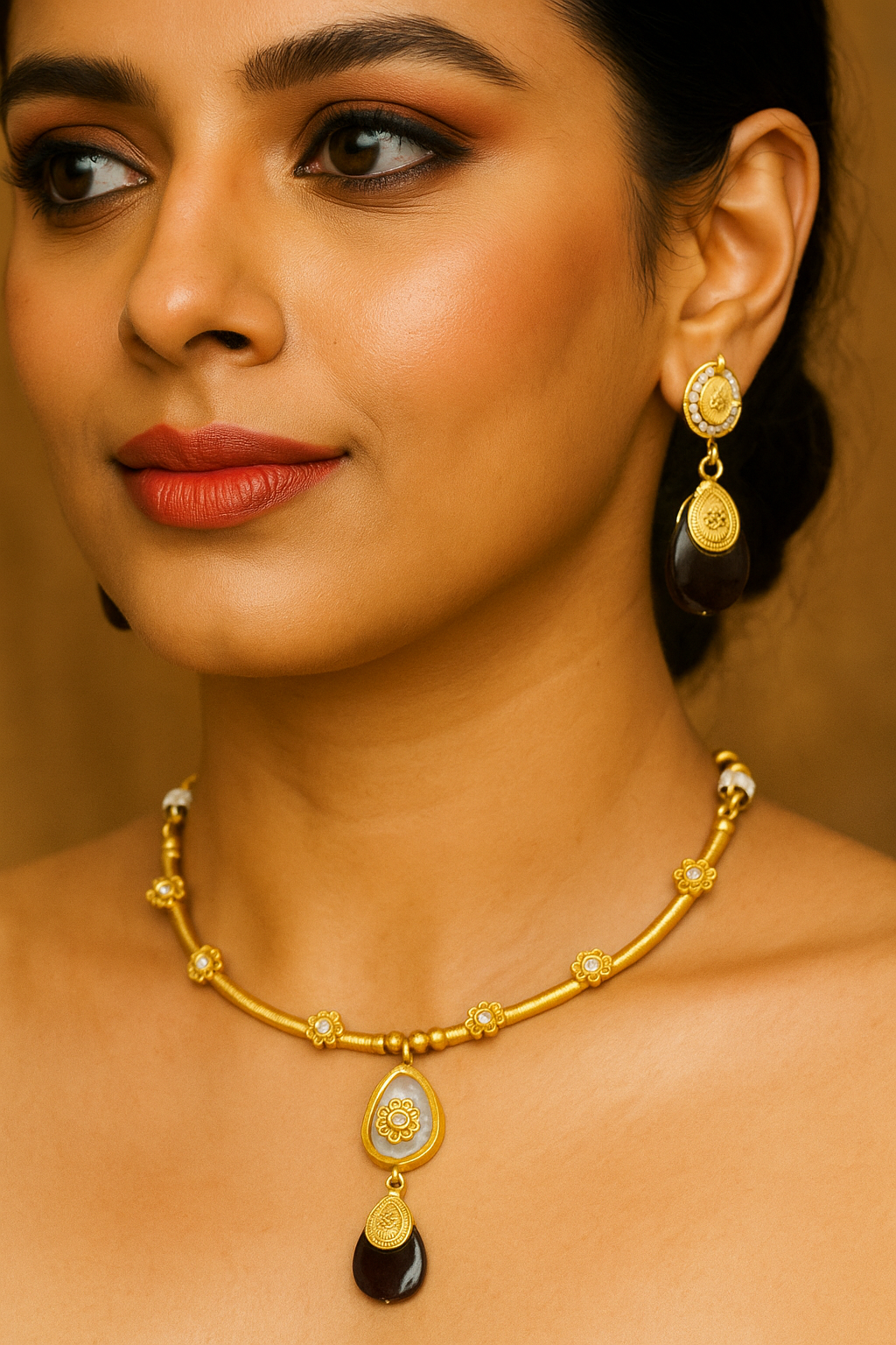 Elegant Matte Gold Drop Pendant Necklace Set with Black Stone Beads